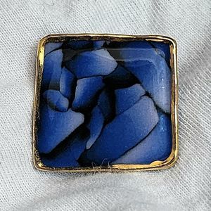 Vintage Blue Acrylic Canvas Art Pin Pinback Art Deco Blue Gold 80s Retro Cool‎